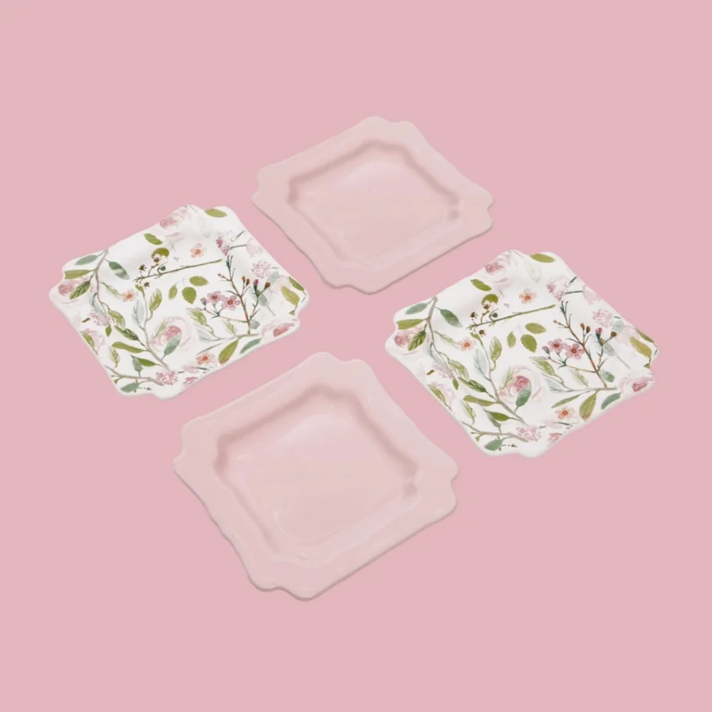 Pink Floral Ceramic Square Dessert Plates - Set of 4